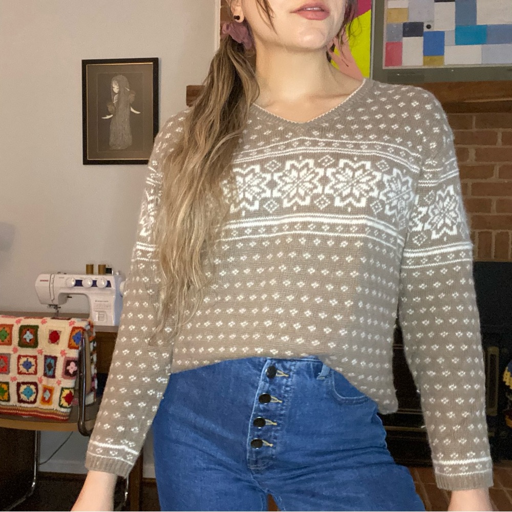 Vintage 90s Angora Blend Fair Isle Nordic V-Neck Oversized Taupe Sweater…